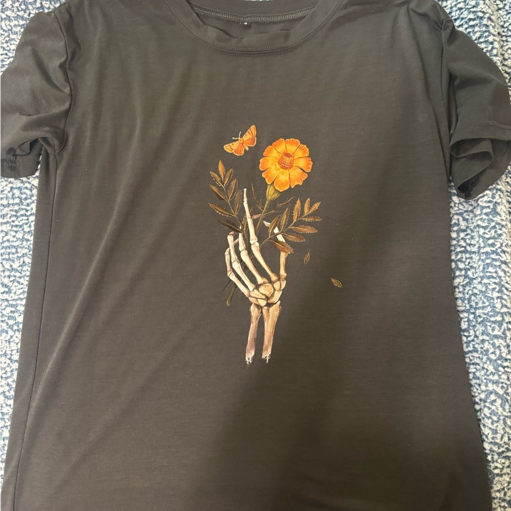 SHEIN Gray Tee with Skeleton Hand and Orange Flower